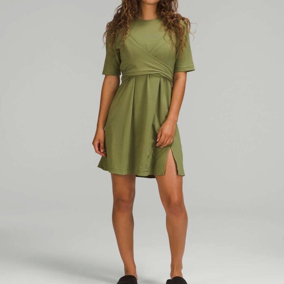 Lululemon Cotton Wrap-Front T-Shirt Dress Bronze Green size 4 NWT - Picture 1 of 4